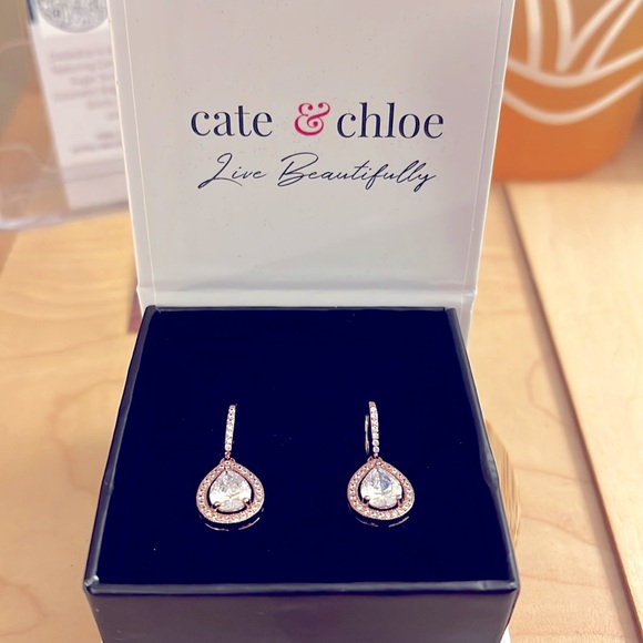 Cate & Chloe Isabel 18k Rose Gold Plated Halo Design Teardrop Earrings - Picture 2 of 5